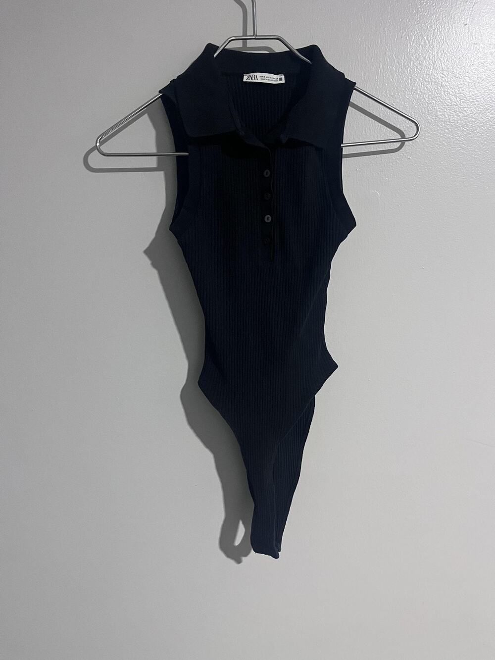 ZARA Bodysuit Womens S Black Ribbed Collared Button High Leg Viscose Spandex